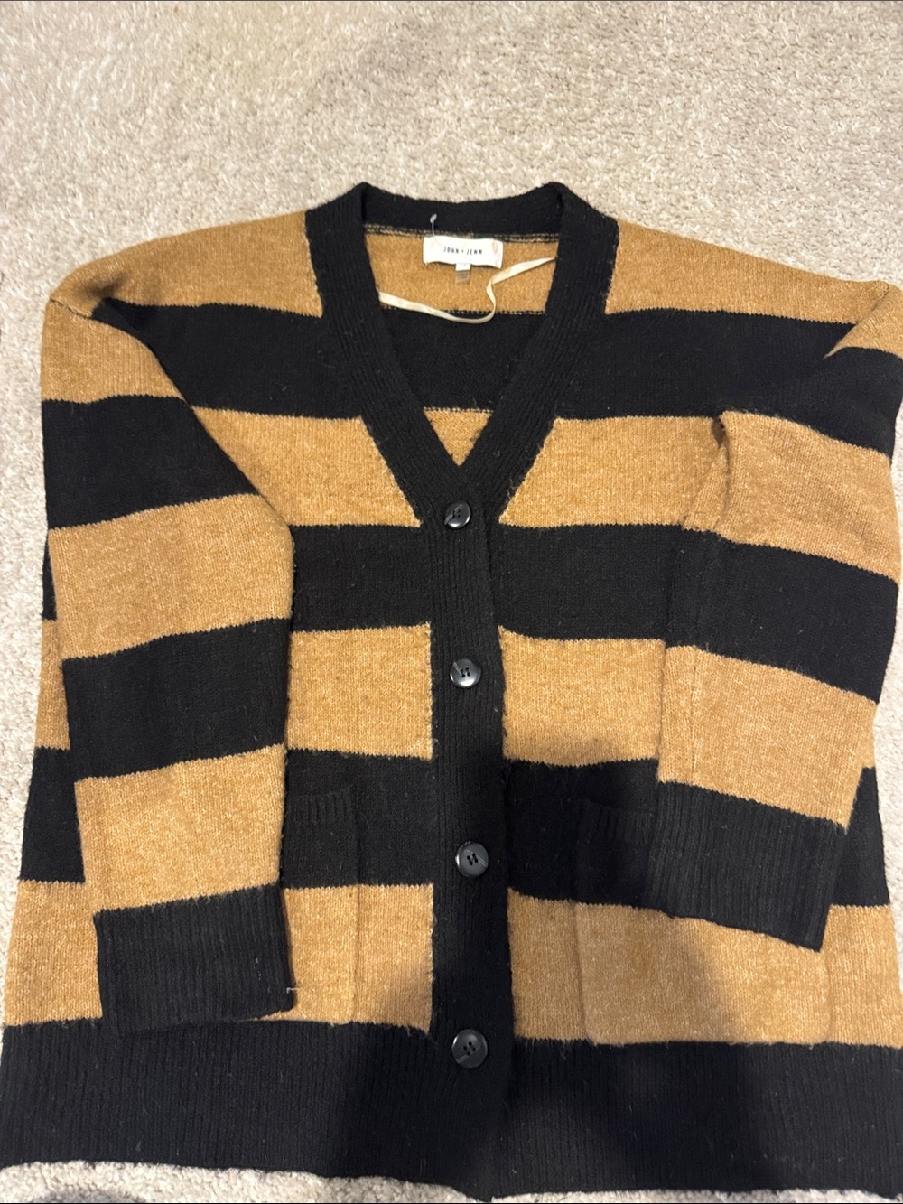 John + Jenn Black and Tan Striped V-Neck Button Cardigan